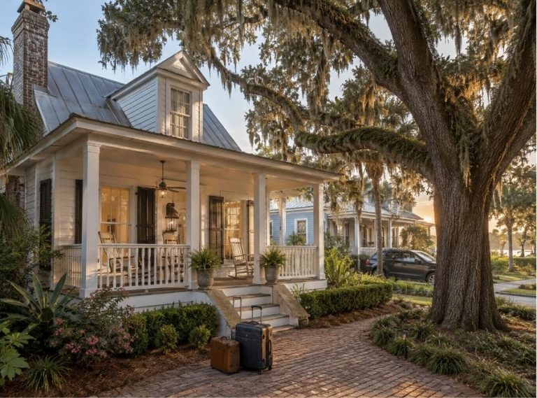 Historic Beaufort vacation rental cottage with a welcoming porch, rocking chairs, and Spanish moss at sunset.