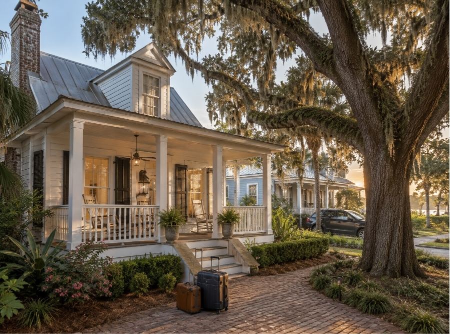 Historic Beaufort vacation rental cottage with a welcoming porch, rocking chairs, and Spanish moss at sunset.