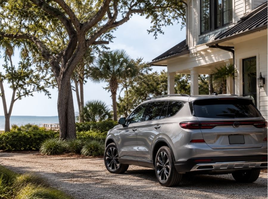 Late-model SUV parked outside a Hilton Head Island coastal home, surrounded by palm trees, live oaks, and Lowcountry landscaping near the South Carolina shoreline.
