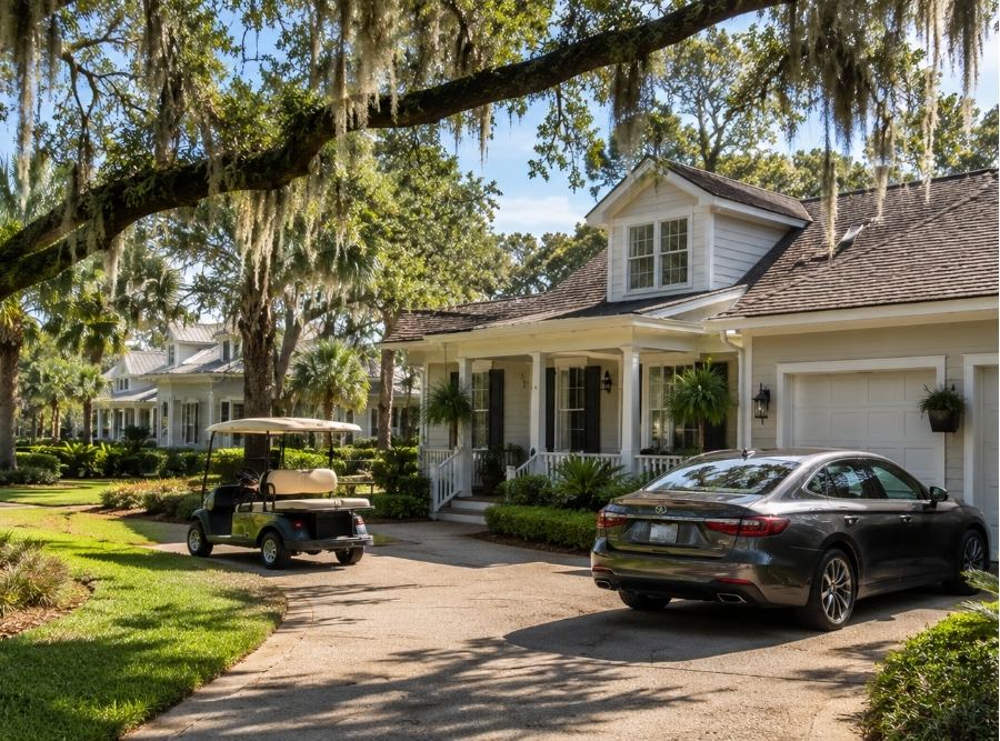 Modern sedan and golf cart outside an elegant Hilton Head Island home, surrounded by live oak trees, Spanish moss, palm trees, and manicured Lowcountry landscaping in a peaceful retirement community.