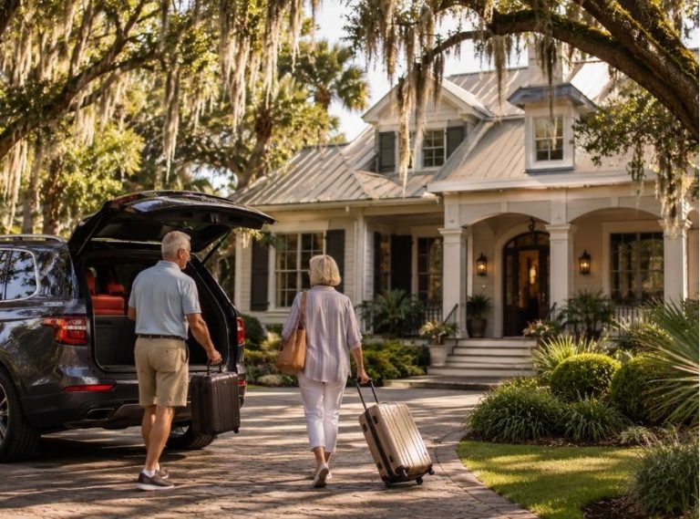 Retired couple arriving at their Hilton Head Island second home with a luxury SUV in the driveway, surrounded by live oak trees, Spanish moss, and coastal Lowcountry landscaping.