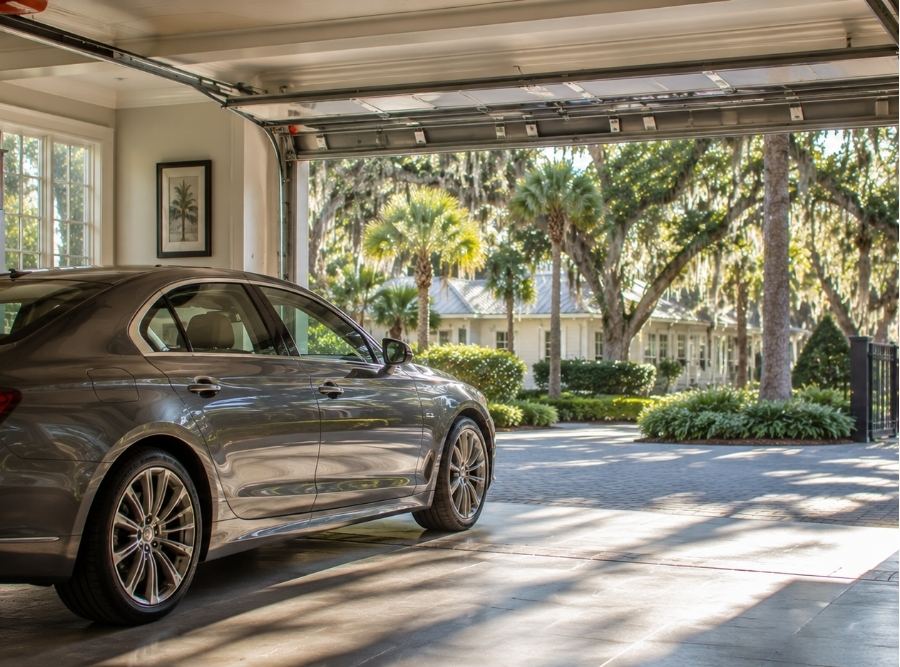 Luxury sedan parked in a Hilton Head Island coastal home garage with palm trees, live oaks, and Spanish moss visible outside in natural sunlight.