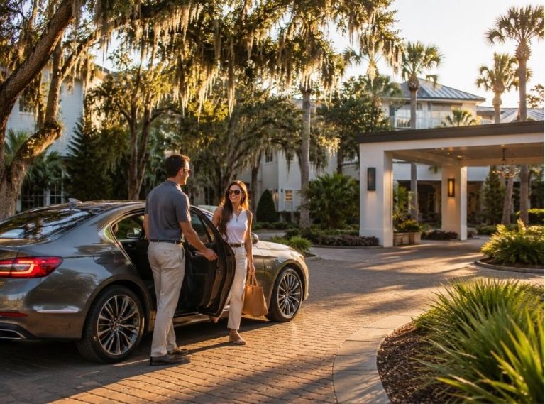 Modern sedan picking up a passenger outside a luxury Hilton Head Island resort surrounded by palm trees, Spanish moss, and elegant Lowcountry landscaping.