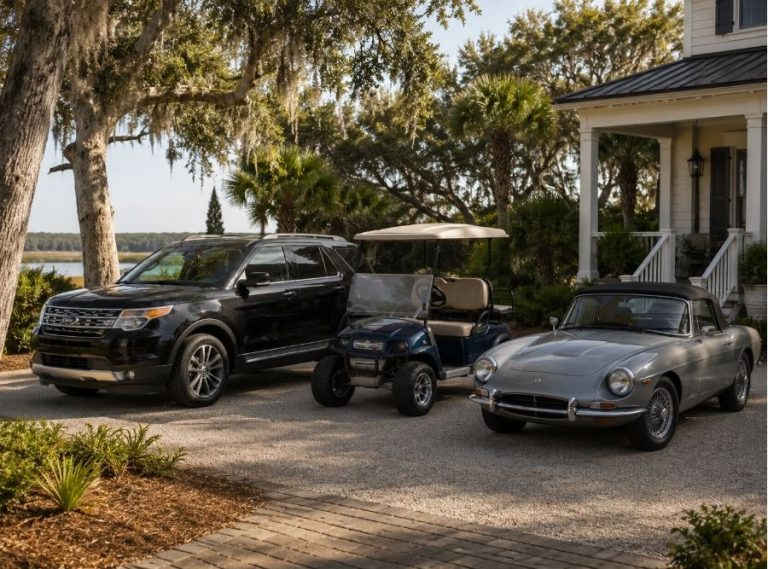 SUV, golf cart, and classic car parked in the driveway of a Hilton Head Island home surrounded by live oaks and palm trees in a coastal Lowcountry neighborhood.