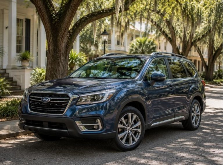 SUV parked in a historic Beaufort neighborhood beneath moss-draped oak trees.