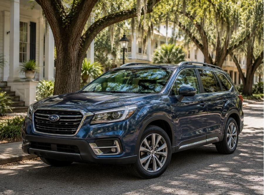 SUV parked in a historic Beaufort neighborhood beneath moss-draped oak trees.