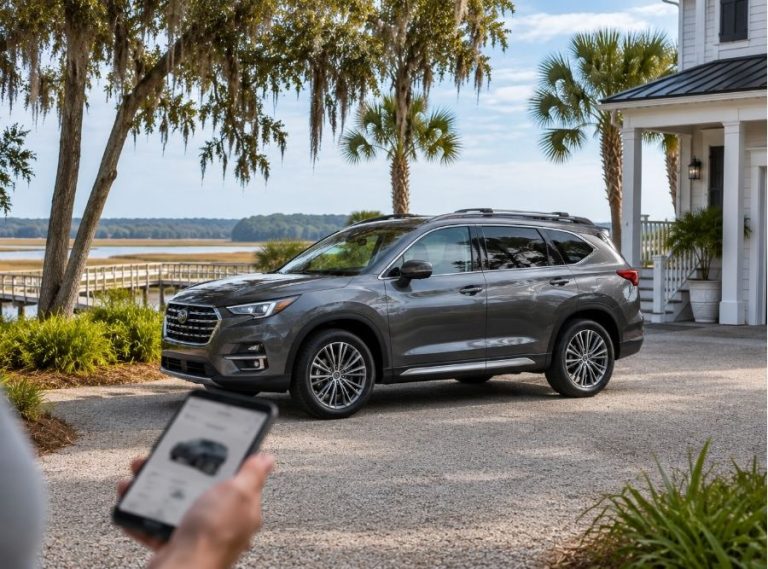 Late-model SUV parked outside a Hilton Head Island vacation rental with a smartphone booking app in view, surrounded by palm trees and a scenic Lowcountry coastal setting.