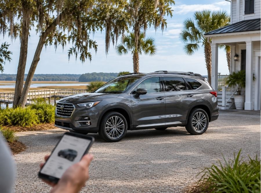 Late-model SUV parked outside a Hilton Head Island vacation rental with a smartphone booking app in view, surrounded by palm trees and a scenic Lowcountry coastal setting.