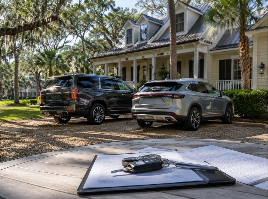 Two vehicles parked outside a Lowcountry home in Hilton Head Island, with insurance documents and car keys on an outdoor table, surrounded by live oak trees, palm trees, and coastal South Carolina landscaping.